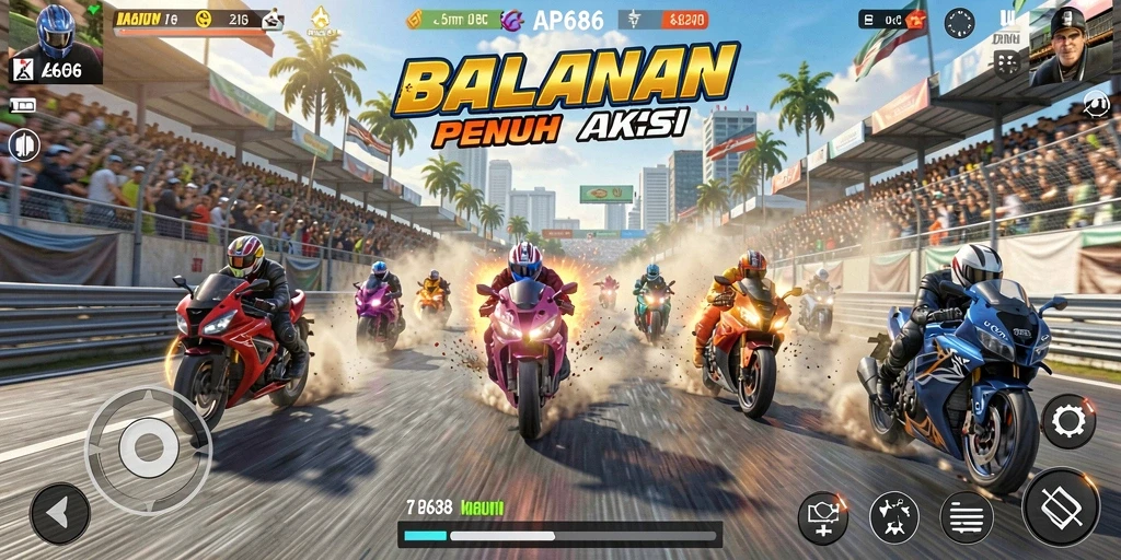 Screenshot gameplay AP686 menampilkan balapan motor yang penuh aksi.