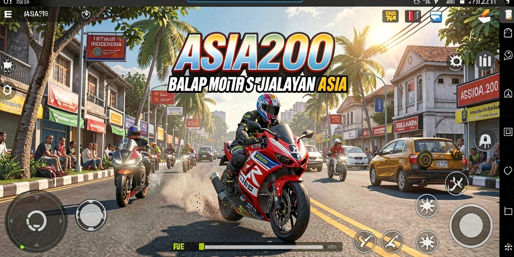 Tampilan gameplay ASIA200 dengan aksi balap motor yang mendebarkan.