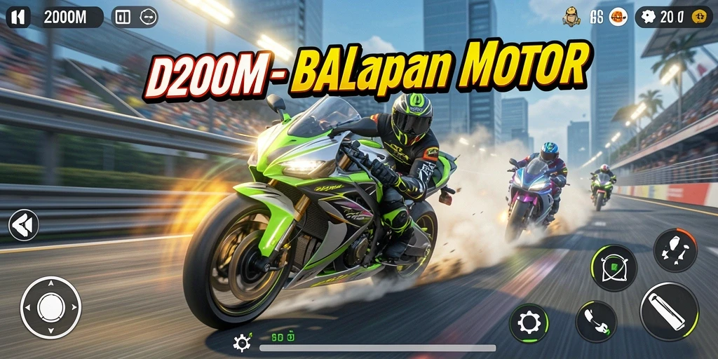 Tangkapan layar utama D200M menunjukkan aksi balapan yang mendebarkan.