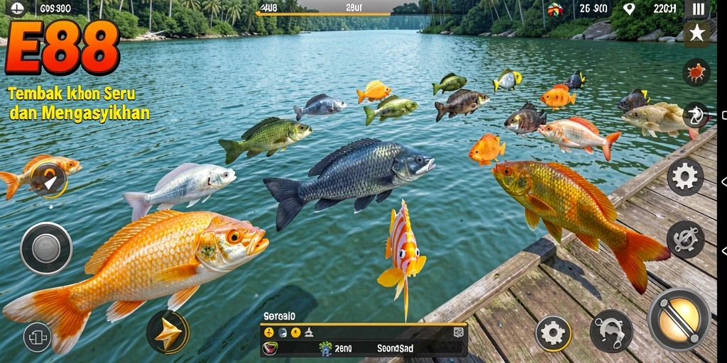 Screenshot gameplay E88 yang menampilkan aksi menembak ikan yang intens.