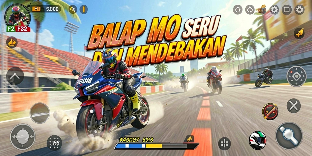 Gameplay mendebarkan F32 saat balapan motor di trek yang menantang.