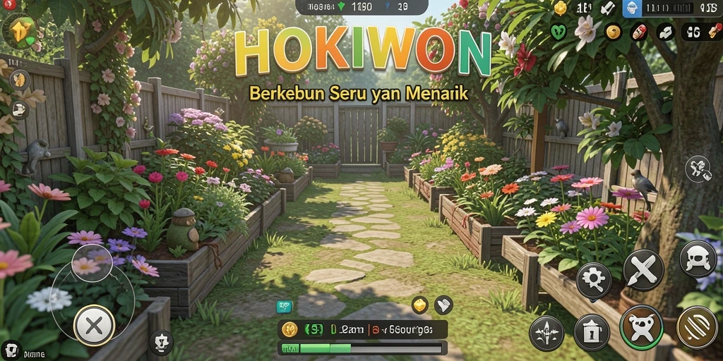Tampilan gameplay HOKIWON dengan kebun yang subur dan hewan-hewan menggemaskan.