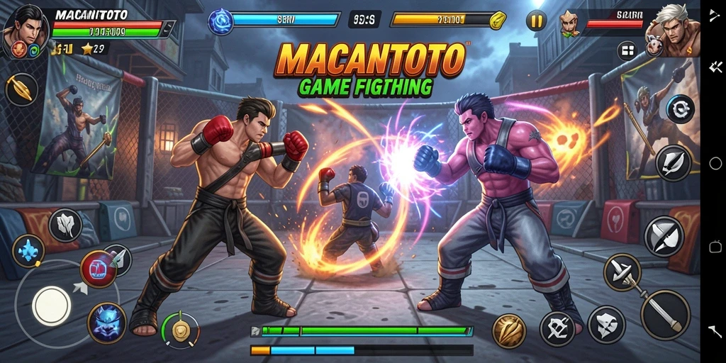 Screenshot gameplay yang menampilkan aksi pertarungan karakter di arena.
