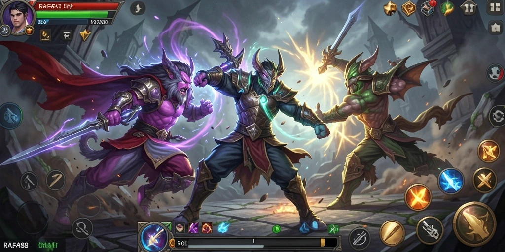 Tampilan gameplay seru dengan pertarungan karakter dalam dunia fantasi.