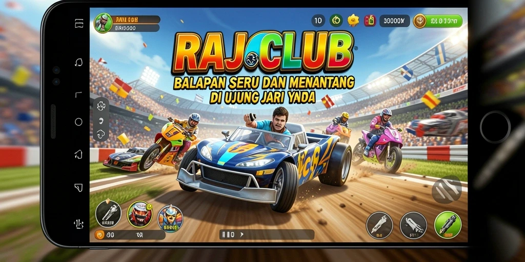 Gameplay Racing seru di RAJACLUB dengan mobil kustom dan lintasan menantang.