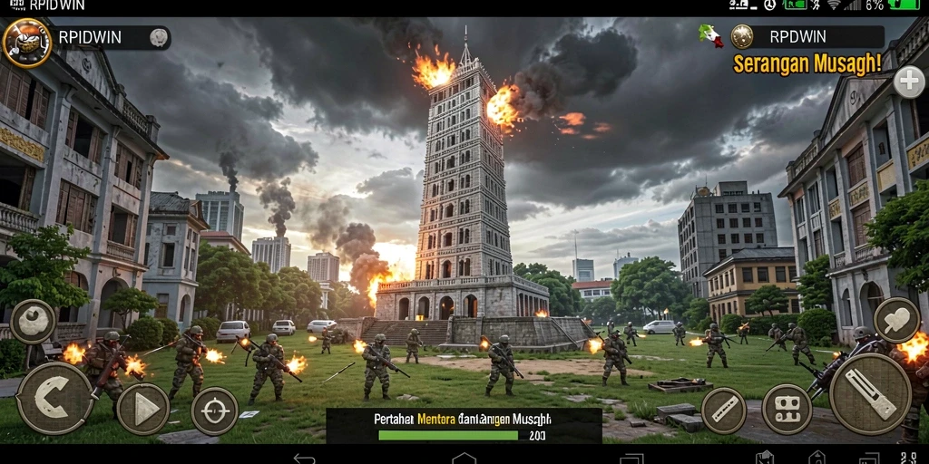 Screenshot gameplay RPIDWIN dengan menara bertahan dari serangan musuh.