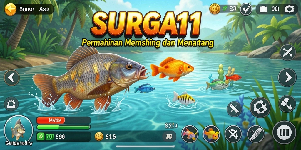 Screenshot gameplay SURGA11 menampilkan momen seru saat memancing.