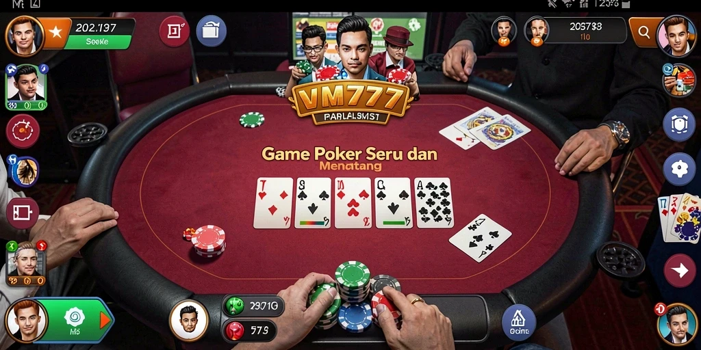 Screenshot utama VM777 menampilkan gameplay Poker yang mendebarkan.
